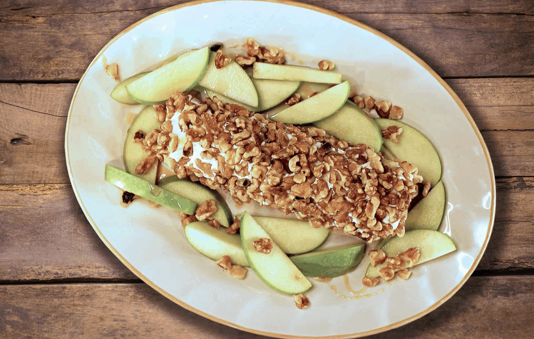 Easy Appetizer: Walnut Crusted Goat Cheese with Apple & Honey
