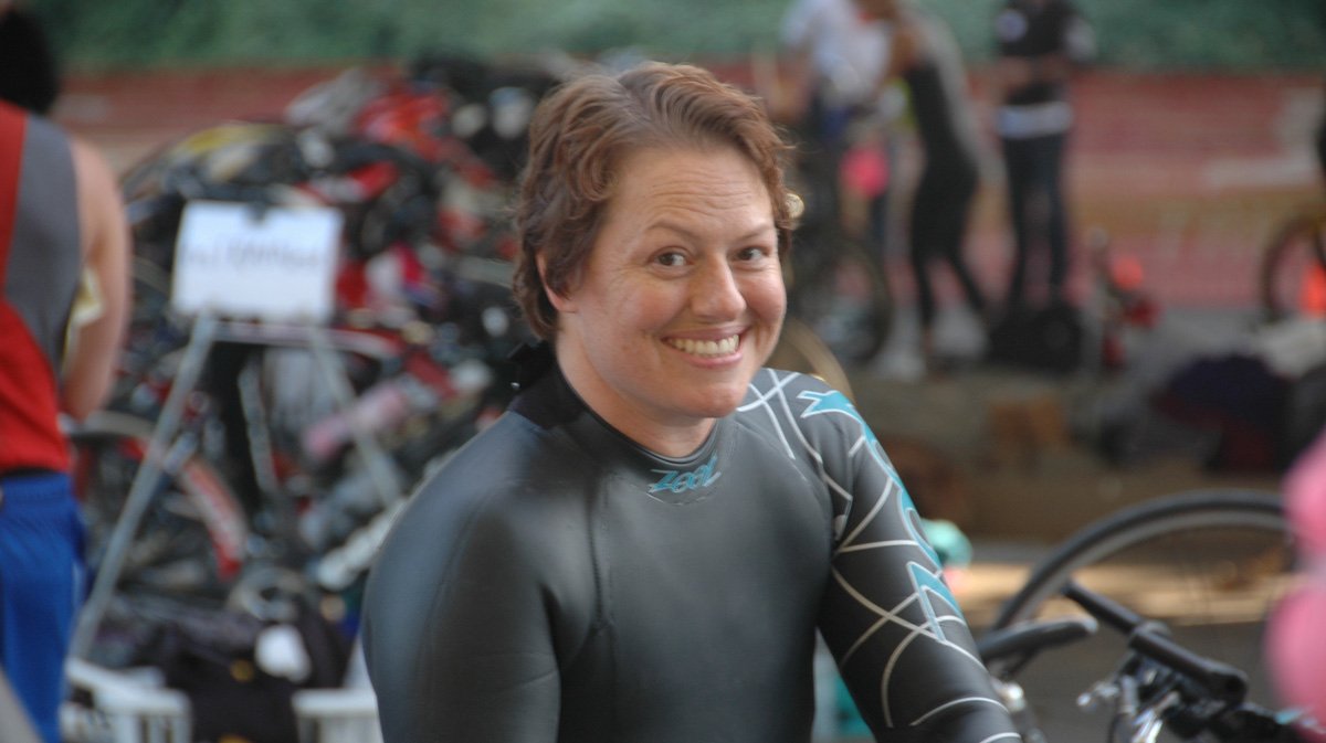 Monique Griffith, in her wetsuit and ready for her first triathlon after being diagnosed with stage 4 cancer,  always looks for the blessings in life.