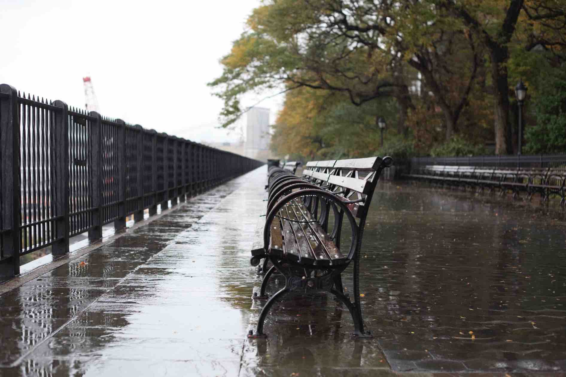 Wet benches on a deserted Brooklyn Bridge Promenade on a rainy fall day Challenges of Transition