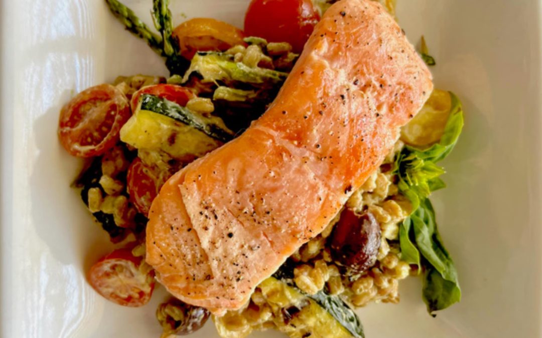 Reliable Recipe: Salmon with Grilled Veggies and Farro in an Avocado-Basil Aioli