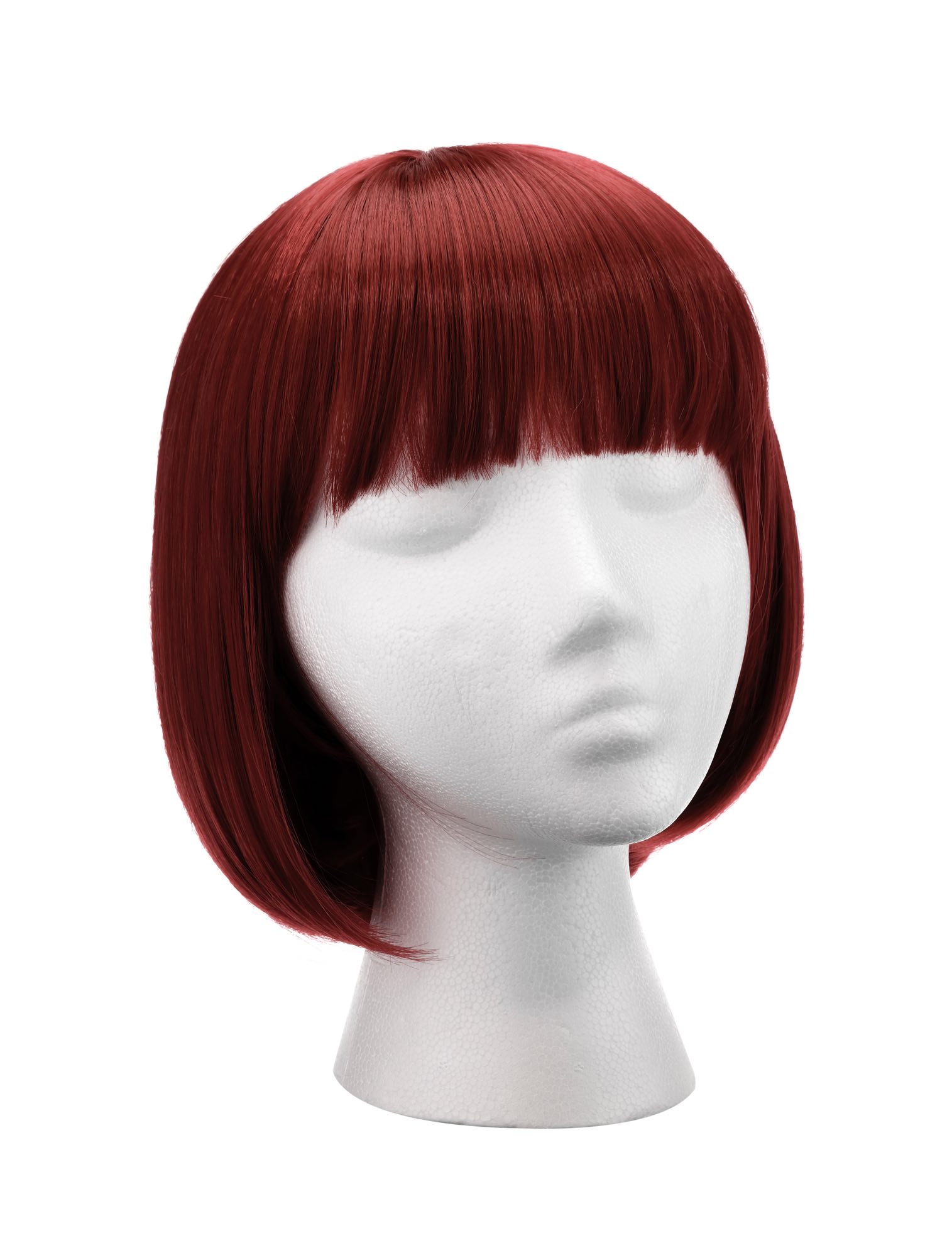 A copper wig with a frindge on a mannequin head, on a white background Heroes Happy Headlines